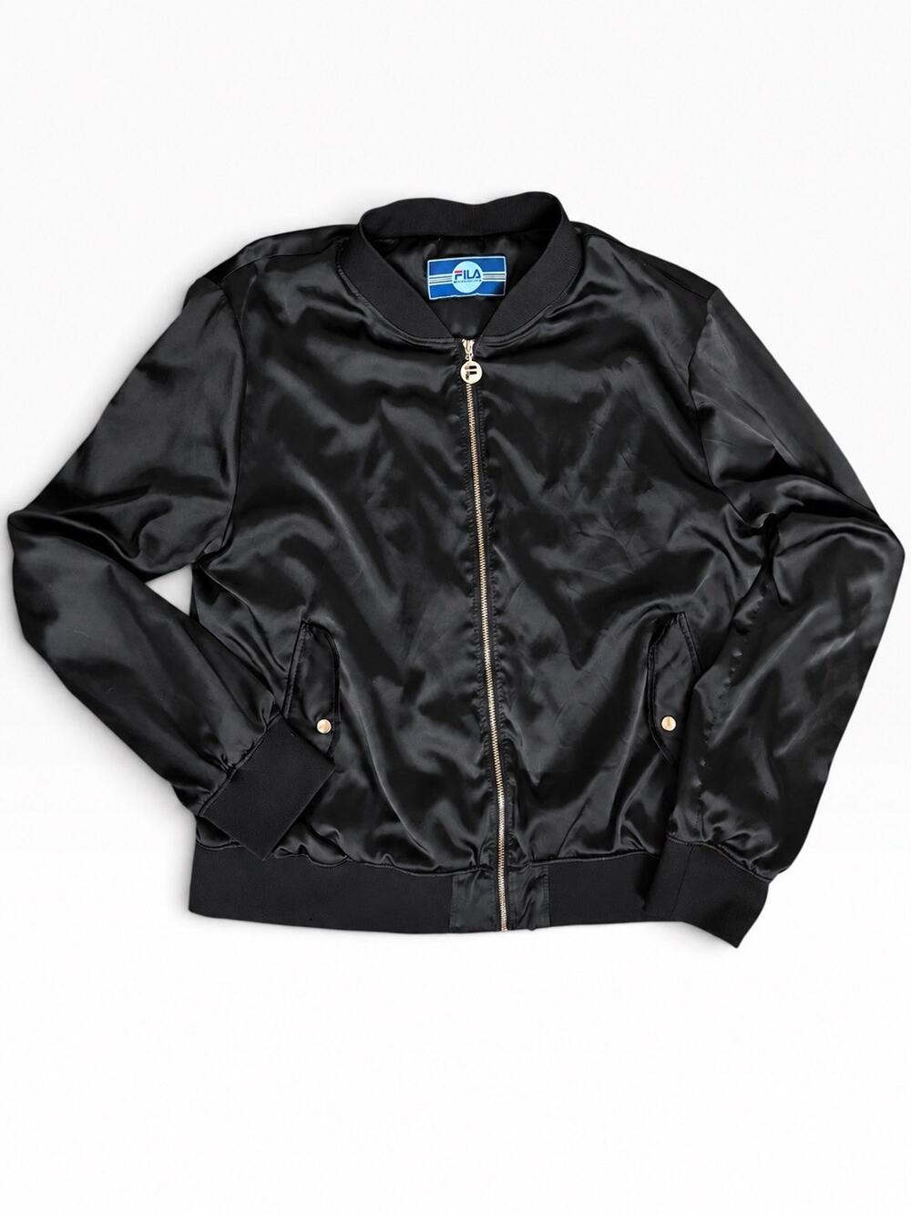 FILA Black Silky Satin Bomber Jacket Womens L Gold Tone Zipper Embroidered Logo
